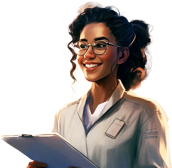 A young african female doctor wearing a lab coat and holding a clipboard.